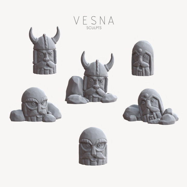 
6pc Face Shaped Rock Miniatures DnD Dungeons and Dragons TTRPG Miniatures 28mm/32mm Viking Dwarf Rock Faces DnD Scatter Terrain Village