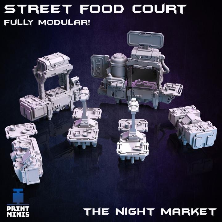 
Street Food Court 28mm/32mm Scenery Kit TTRPG Wargame Scatter Terrain Food Vendor Sci-fi Merchant Scenery Shop Scatter