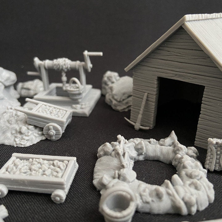 
Medieval Mine DnD Dungeons and Dragons 28mm/32mm Underground Scatter Terrain D&D Pathfinder Mine Scatter Rocks Mining Cart Ladder and more