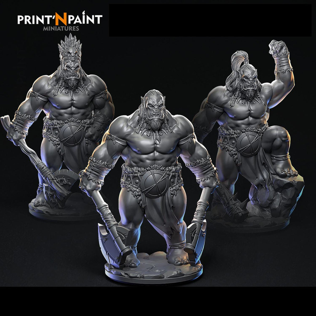 
3pc Orc Warriors – Fantasy Miniature Set – 28mm 32mm 35mm 54mm Scale – Tabletop RPG Figures for DnD & Pathfinder – Gray PLA 3D Printed -PnP