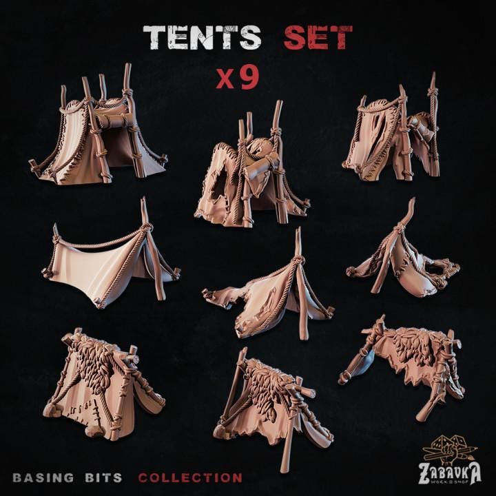 
9pc Tents - Basing Bits 28mm/32mm Wargaming Basing Materials Crude Tent Miniatures Hike Scenery Elements Scenic Battlefield Campsite Basing