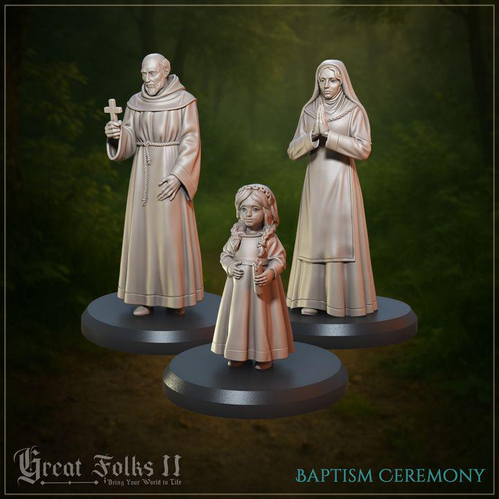 
3pc Baptism Ceremony Miniature Set DnD Dungeons and Dragons Priest Nun and Child for TTRPGs 28mm/32mm Fantasy Townsfolk - GG