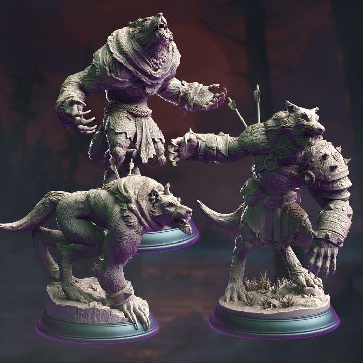 
3pc Werewolf Warriors DnD Dungeons and Dragons 28mm/32mm TTRPG DnD Monster Figurines 5e mob