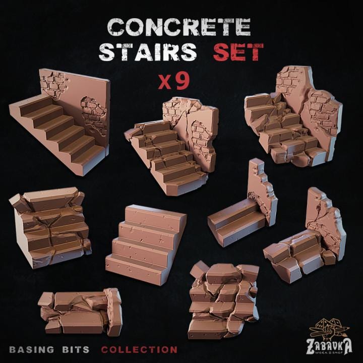 
9pc Concrete Stair Basing Bits 28mm/32mm Scale TTRPG Interior Basing Destroyed Concrete Staircase Miniatures Dystopian City Ruins SceneryZbW