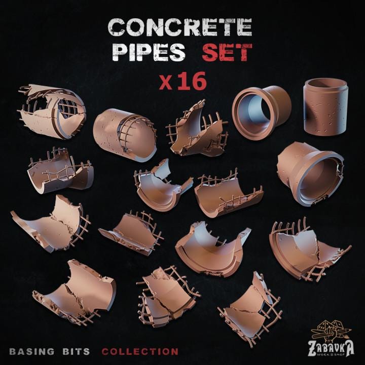 
16pc Concrete Pipes Basing Bits 28mm/32mm Wargaming Infrastructure Scatter Destroyed Dystopian Concrete City Building Entrance ElementsZbW
