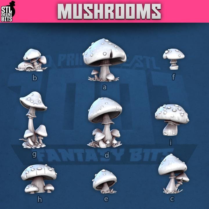 
30pc Mushroom Miniature Mix for Dungeons and Dragons 28mm/32mm Basing Bits DnD Terrain Scenery Scatter D&D TTRPG Mini Basing Material - STL