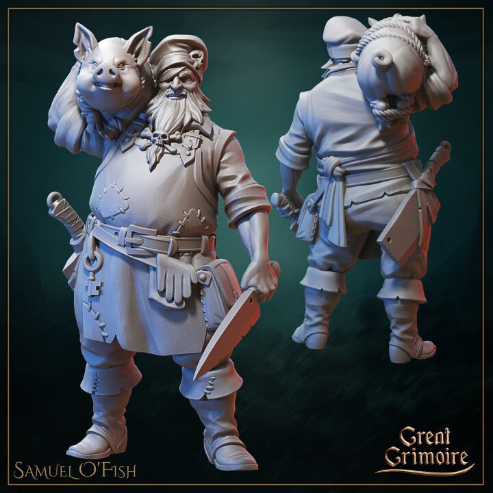 
Samuel O-Fish Butcher DnD Dungeons and Dragons 28mm/32mm TTRPG Wargame NPC Pig Miniature Townsfolk Butcher Vendor DnD Scatter Diorama mini