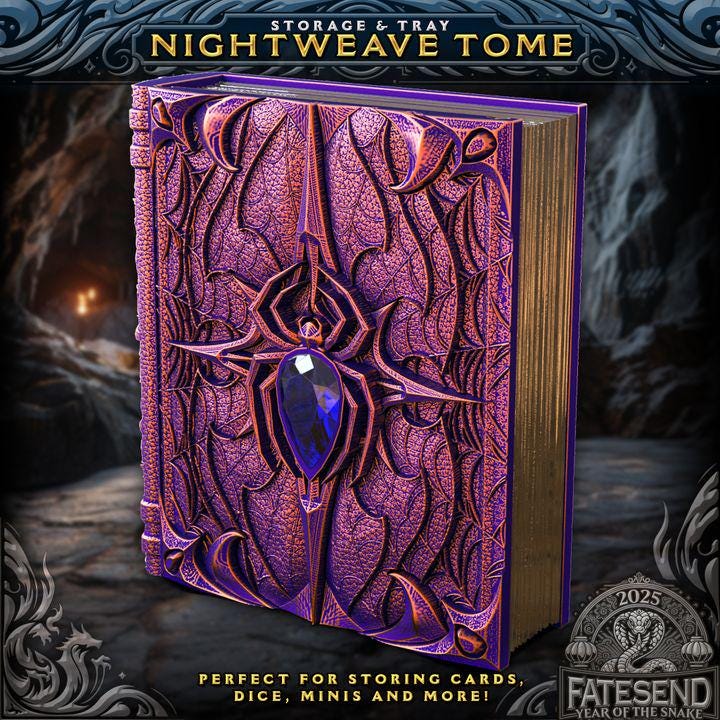 
Nightweave Tome Dice Tower Vault – Dice Roller & Tray Combo – DnD Spellbook Prop – Spider Queen RPG Storage – Support-Free Print, FatesEnd