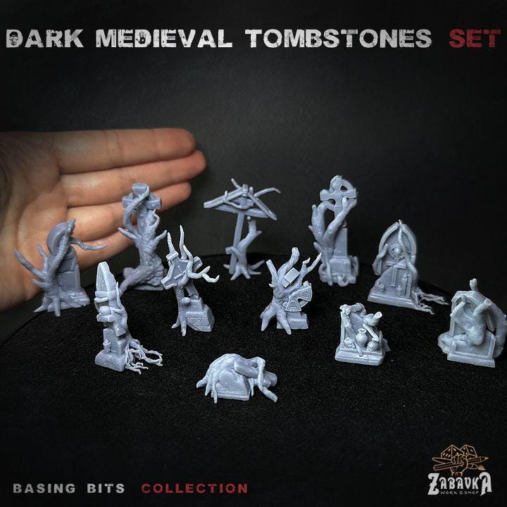 
11pc Dark Medieval Tombstones Dungeons and Dragons 28mm/32mm Basing Bits DnD Terrain Scenery Scatter D&D TTRPG Mini Basing Material - ZbW