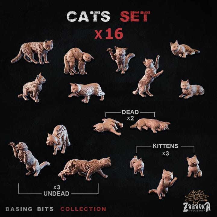 
16pc Cats Basing Bits 28mm/32mm Fantasy Macabre Necromancer Basing Dead/Undead Corpse Scatter Undead Feline Scenery Alive Feline Miniatures