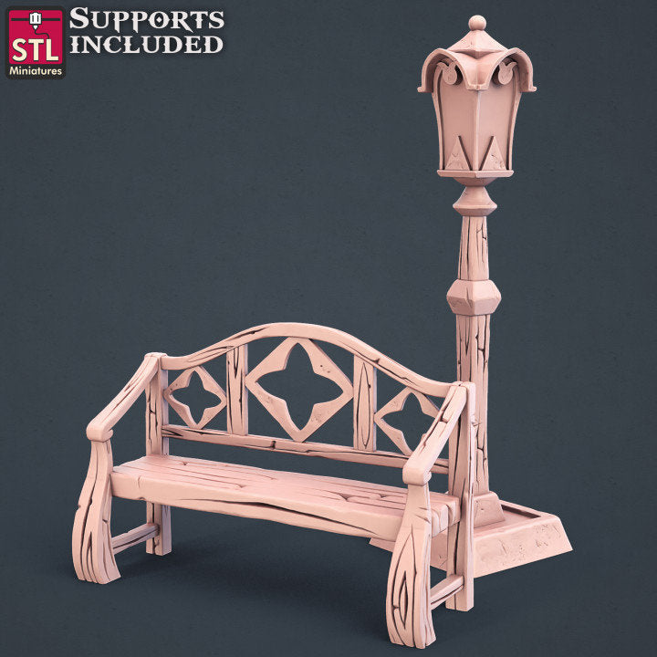 
Street Bench and Lamp Miniature Set DnD Dungeons and Dragons 28mm/32mm Scenery Bench Miniature Street Scenery Diorama Miniatures Furniture