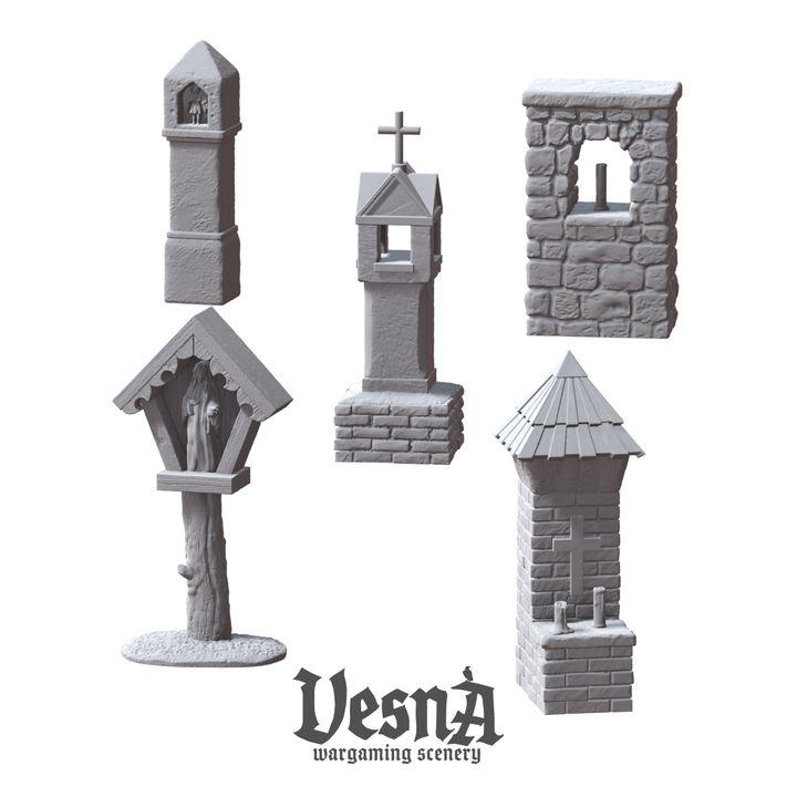 
5pc Shrine Miniatures DnD Dungeons and Dragons DnD Scatter Terrain 28mm/32mm Street Terrain Diorama Brick Street Shrine Minis - VS