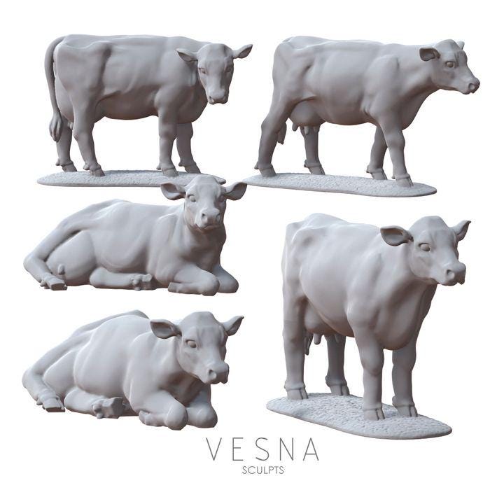 
5pc Cow Miniatures  DnD Dungeons and Dragons DnD Scatter Terrain 28mm/32mm Farm Animal Cows TTRPG and Diorama Farm Scatter - VS
