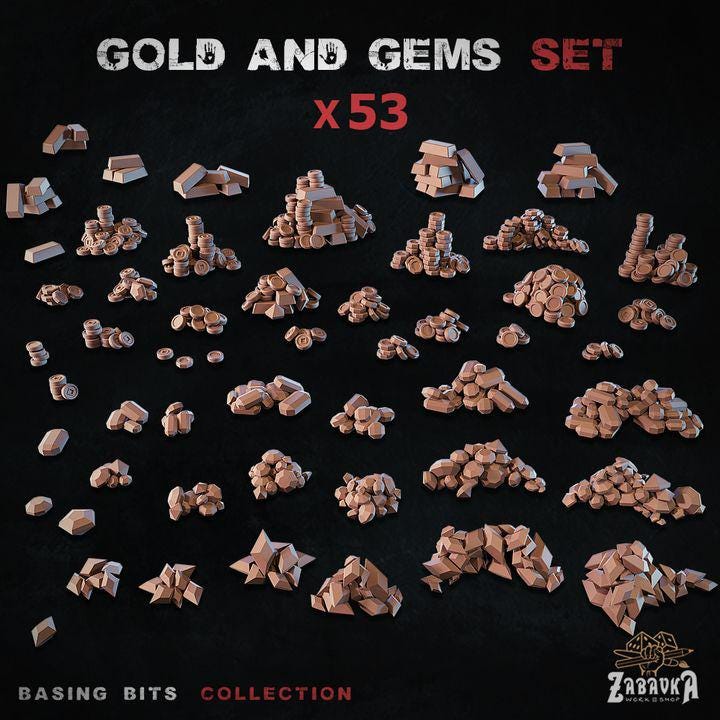 
53pc Gold and Gem Miniature Scatter Scenery DnD Dungeons and Dragons 28mm/32mm TTRPG Wargame Basing Bits Treasure Miniatures Gold CoinsZbW
