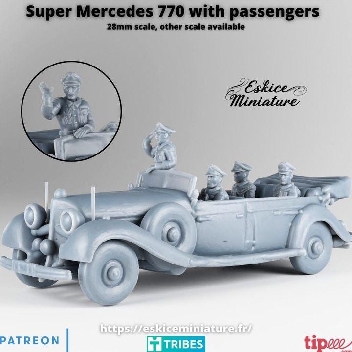 
Super Mercedes 770 with Passengers – 15mm 20mm 28mm 32mm 1 35 Scale – WW2 Civilian or Command Vehicle – Eskice Miniature