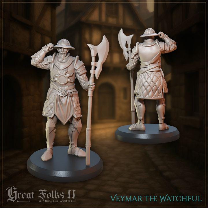 
3pc Grimwardens for Dungeons and Dragons 28mm/32mm TTRPG Townsfolk Guard Miniatures RPG Soldiers - GG