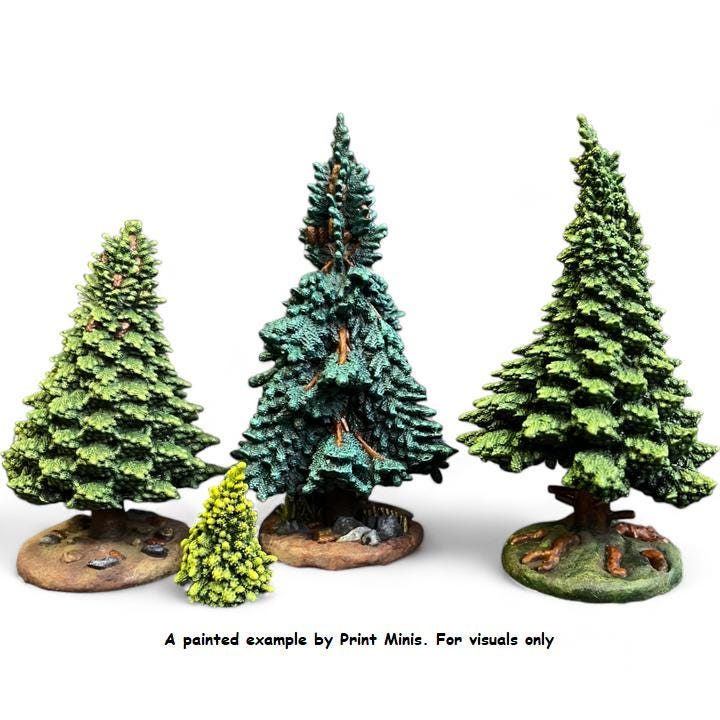 
4pc Spruce Tree Miniatures DnD Dungeons and Dragons 28mm/32mm Scatter Scenery Tree Set Forest Scenery miniature RPG Trees Pathfinder