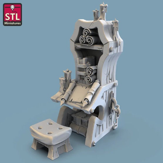 
Library Miniature DnD Dungeons and Dragons 28mm/32mm Fantasy RPG Prop Scatter Terrain Library Scrolls RPG Miniatures Writing desk and Stool