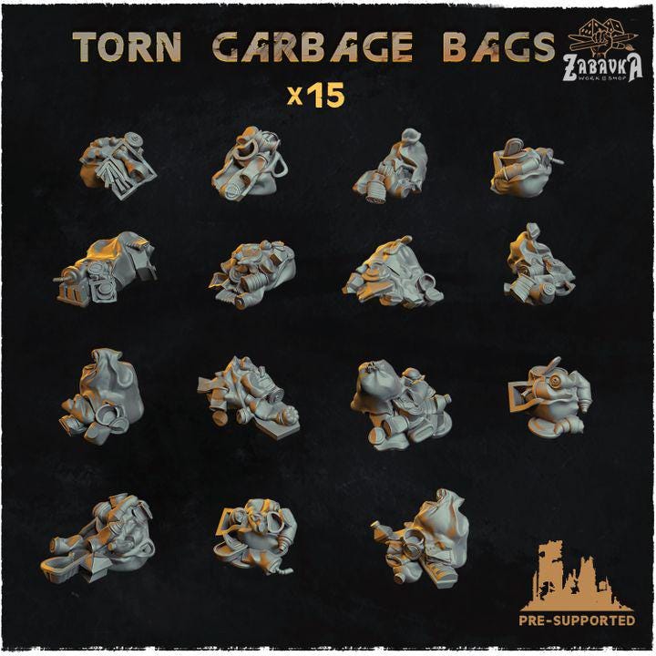 
15pc Torn Garbage Bags (Basing Bits 2.0) 28mm/32mm Scale Scatter Terrain City Basing Materials Garbage Street Scenery Trash MiniaturesZbW