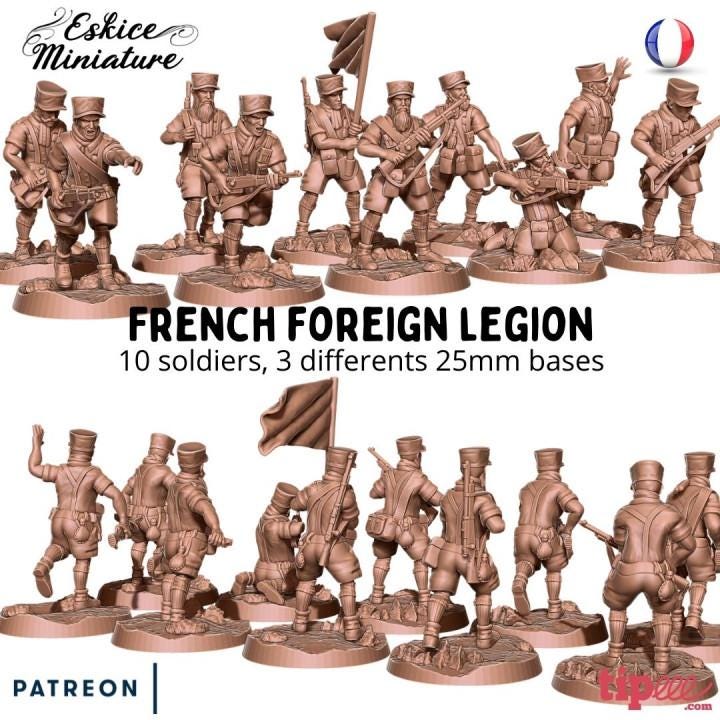 
10pc French Foreign Legion Infantry – 15mm 20mm 28mm 32mm 1 35 Scale – Colonial Soldiers with Flag – Eskice Miniature