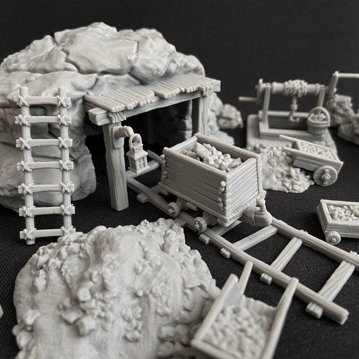 
Medieval Mine DnD Dungeons and Dragons 28mm/32mm Underground Scatter Terrain D&D Pathfinder Mine Scatter Rocks Mining Cart Ladder and more