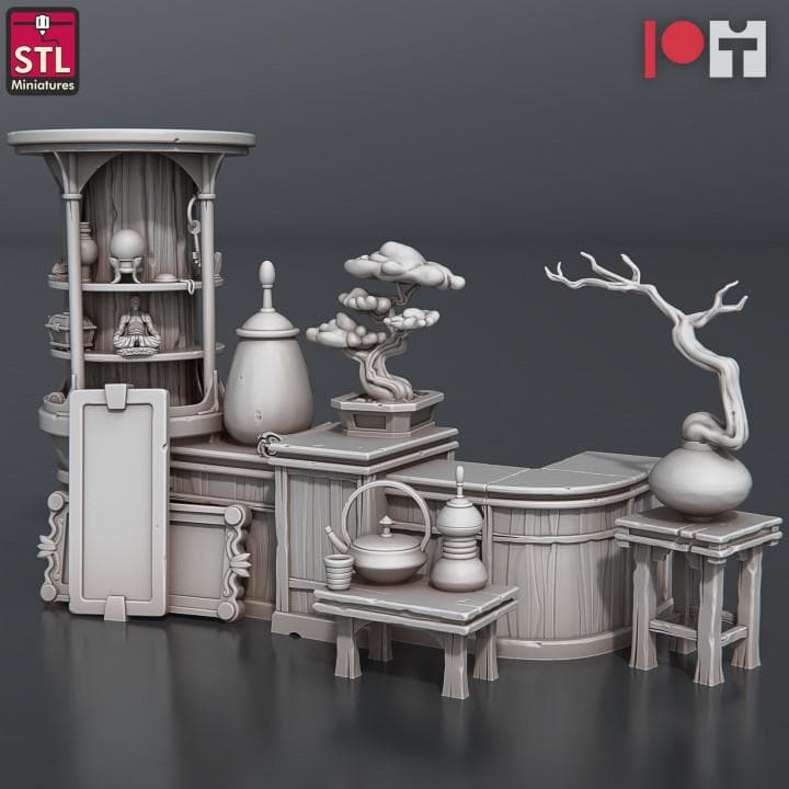 
3pc Antique Shop Counters Miniature for DnD Dungeons and Dragons 28mm/32mm Scale Scatter Scenery Props for Dioramas and Tabletop RPG