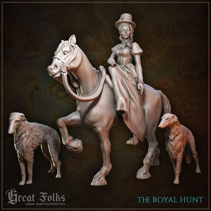 
4pc The royal hunt Miniatures DnD Dungeons and Dragons 28mm/32mm Horse Miniature Dog Figurines Townsfolk NPCs for fantasy TTRPGs