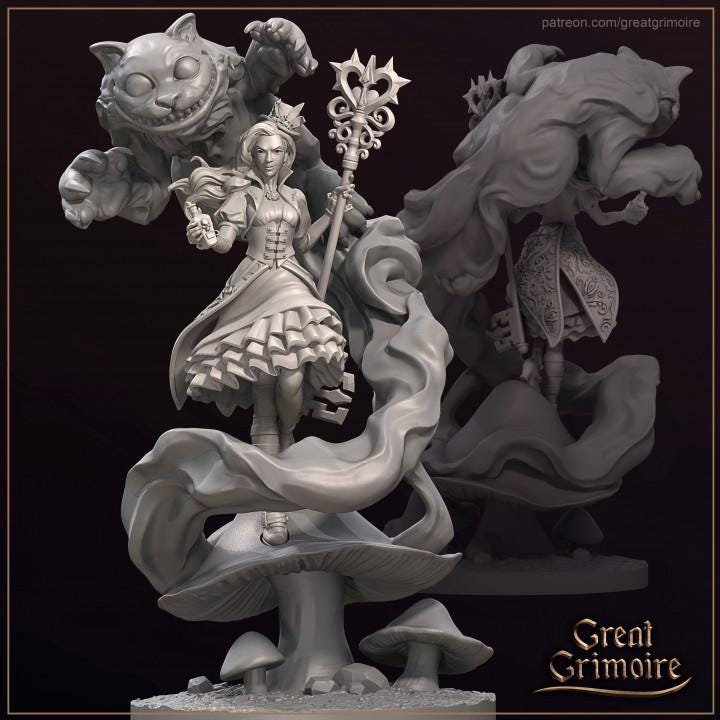 
Alice and her Monster Cat Dungeons and Dragons 28mm/32mm TTRPG  Forest Mushroom Scatter Base Miniature Alice, the Wishmaster - GG