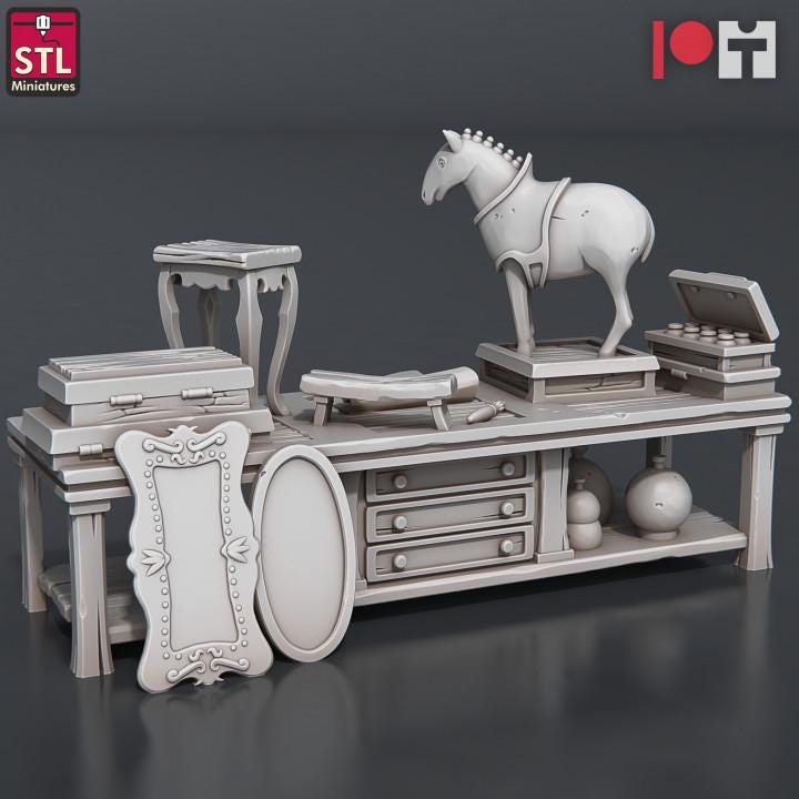 
Antique Shop Horse and antique Display for DnD Dungeons and Dragons 28mm/32mm Scale Scatter Scenery Props for Dioramas and Tabletop RPGs