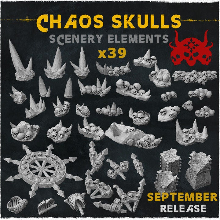
39pc Chaos Skull Miniatures DnD Dungeons and Dragons 28mm/32mm Scenery Elements Skull basing materials Bone Miniatures Wargame Scenery bits