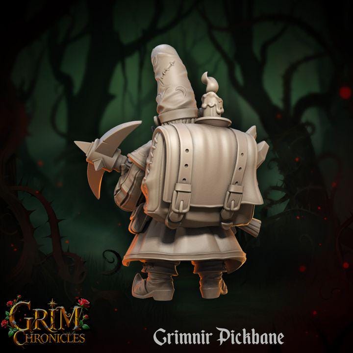 
Gnome with a Pickaxe Miniature for Dungeons and Dragons 28mm/32mm TTRPG Fantasy Dwarf Creature Grimnir Pickbane - GG