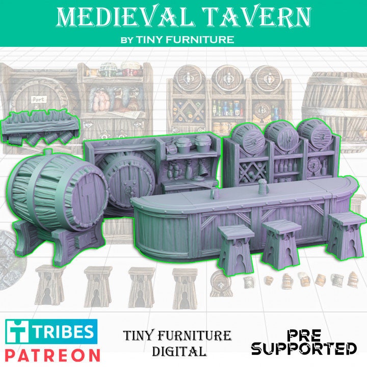 
Tavern Bar DnD Miniature Terrain for Dungeons and Dragons D&D Pathfinder 28mm 32mm Furniture  Bar Stools and Barrels