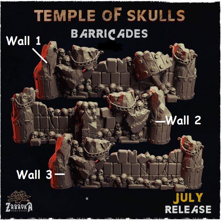 
Temple of Skulls Barricades DnD Dungeons and Dragons 28mm/32mm Scatter Terrain TTRPG Fantasy Tabletop Terrain Barricade Brick wall Skull s