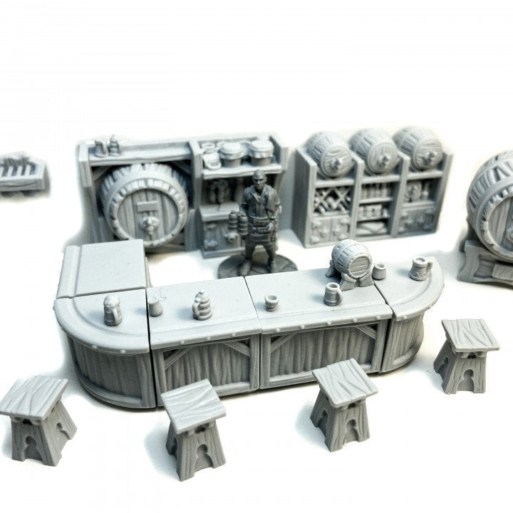 
Tavern Bar DnD Miniature Terrain for Dungeons and Dragons D&D Pathfinder 28mm 32mm Furniture  Bar Stools and Barrels