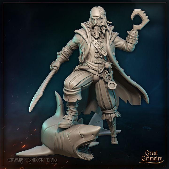 
Pirate Miniature Shark DnD Dungeons and Dragons 28mm/32mm Edward Iron hook Drake TTRPG Miniature Pirate Figurine Pathfinder 5e DnD Sea Minis