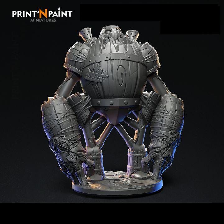 
Barrel Golem – Fantasy Construct Miniature – 28mm 32mm 35mm Scale – Tabletop RPG Figure for DnD & Pathfinder – Gray PLA 3D Printed –PnP