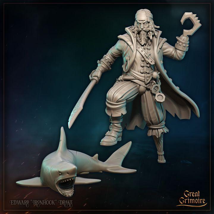 
Pirate Miniature Shark DnD Dungeons and Dragons 28mm/32mm Edward Iron hook Drake TTRPG Miniature Pirate Figurine Pathfinder 5e DnD Sea Minis