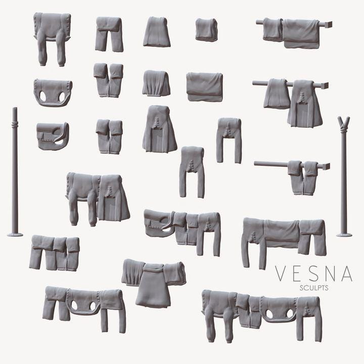 
24pc Hanging Laundry Miniatures 28mm/32mmDnD Dungeons and Dragons DnD Scatter Terrain Clothes Pants Diorama Scene  - VS