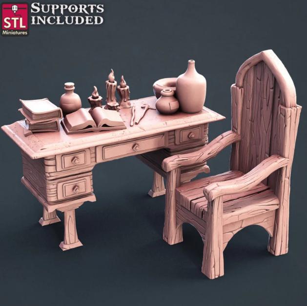 
Tattoo Artist Desk Miniature DnD Dungeons and Dragons 28mm/32mm TTRPG Fantasy Wargame Scatter Scenery Table and Desk Book Candles Scatter