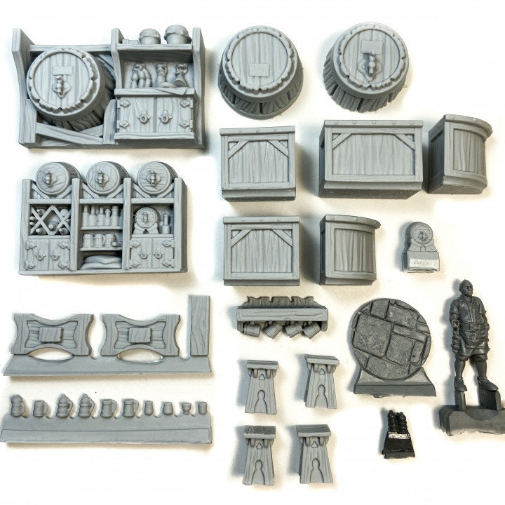 
Tavern Bar DnD Miniature Terrain for Dungeons and Dragons D&D Pathfinder 28mm 32mm Furniture  Bar Stools and Barrels
