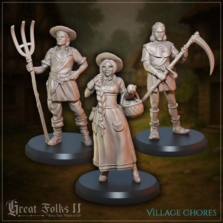 
3pc Village Chores for Dungeons and Dragons 28mm/32mm TTRPG Townsfolk NPCs Farm Miniatures Harvesters Fieldsman Pitch folk- GG