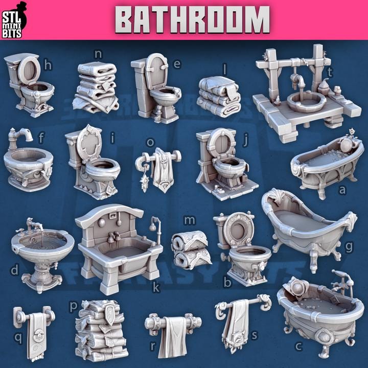 
20pc Bathroom Miniature Set for Dungeons and Dragons 28mm/32mm Basing Bits DnD Terrain Scenery Scatter D&D TTRPG Mini Basing Material - STL