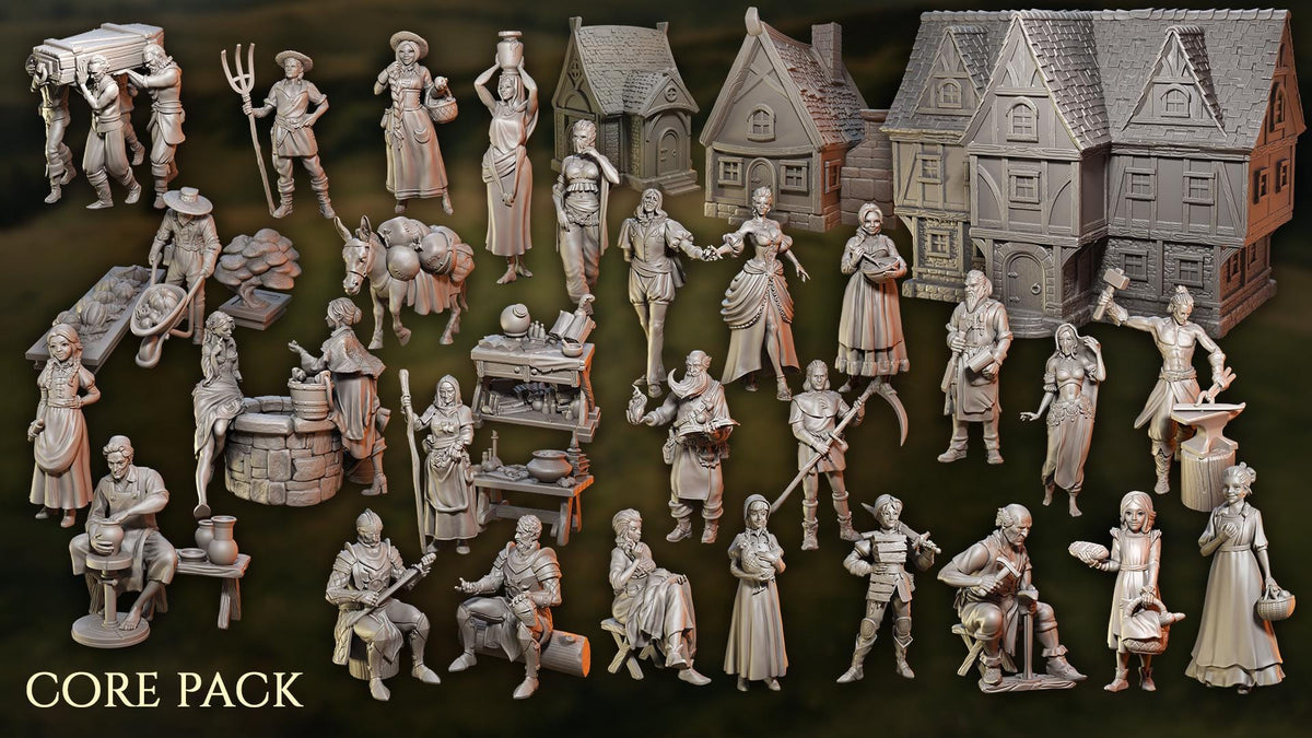 
The Ultimate Diorama Pack of Miniature Villagers Townsfolk NPCs and Buildings 28mm/32mm TTRPG Townsfolk Miniatures Medieval Figurines - GG