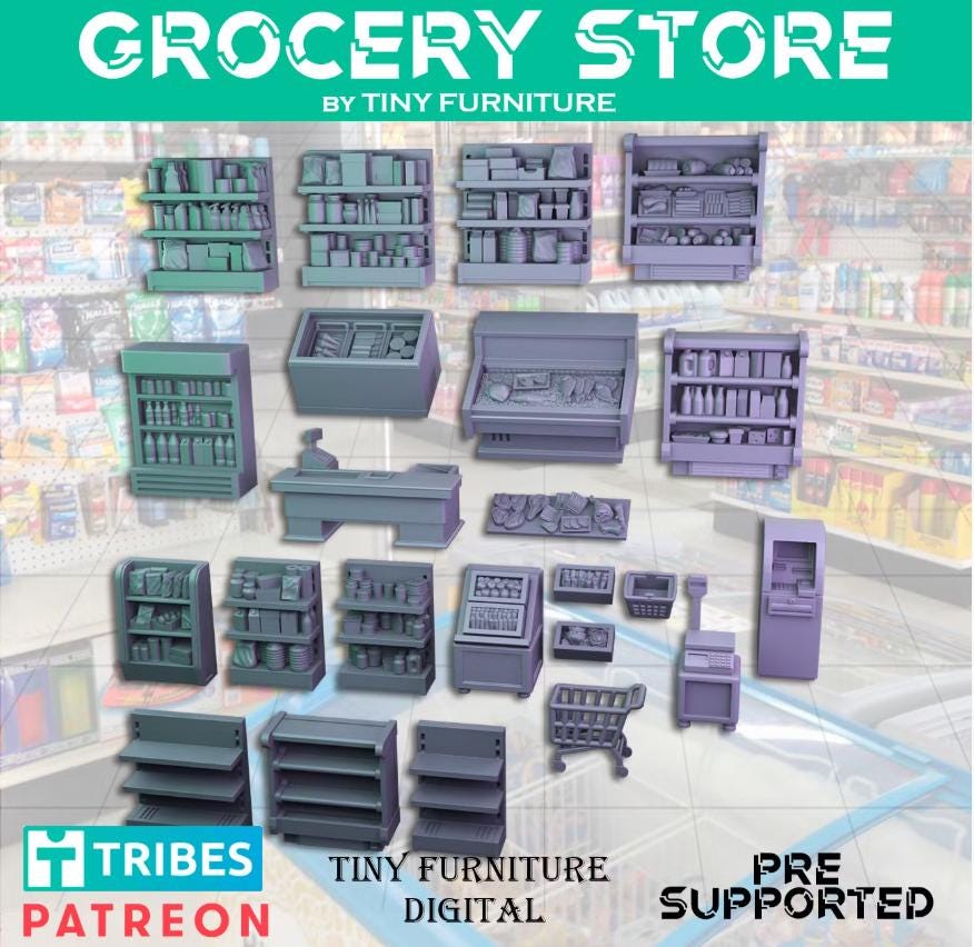 
Grocery Store Miniature Scatter Dungeons and Dragons 28mm/32mm Scatter Terrain TTRPG Fantasy Wargame Minis ATM Cashier Cart Mini Set - TF