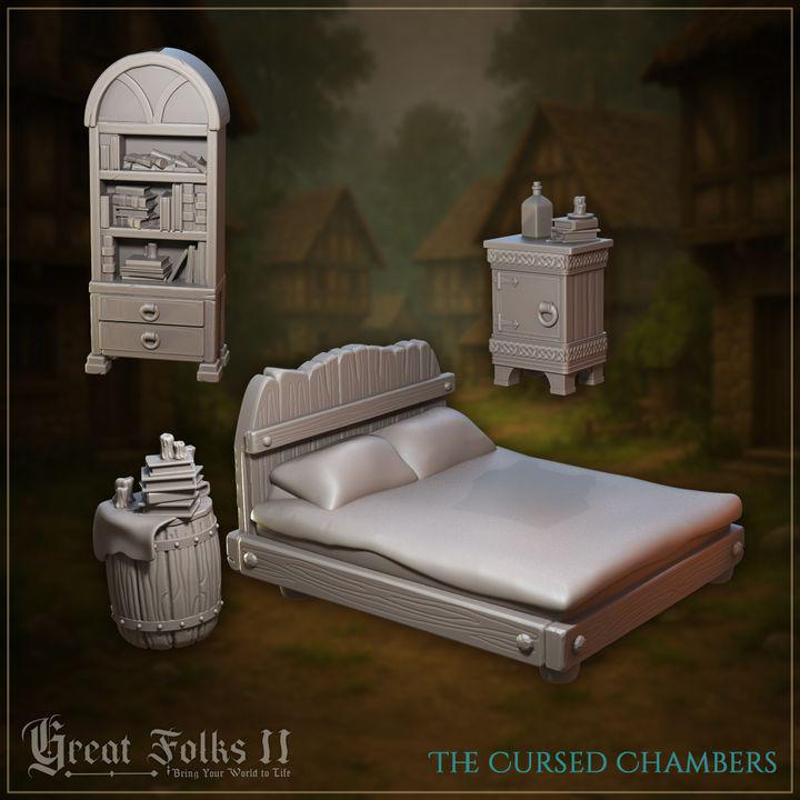 
4pc Furniture Set The Cursed Chambers Miniature for Dungeons and Dragons 28mm/32mm TTRPG Mini Tavern Furniture bed bookshelf barrel - GG