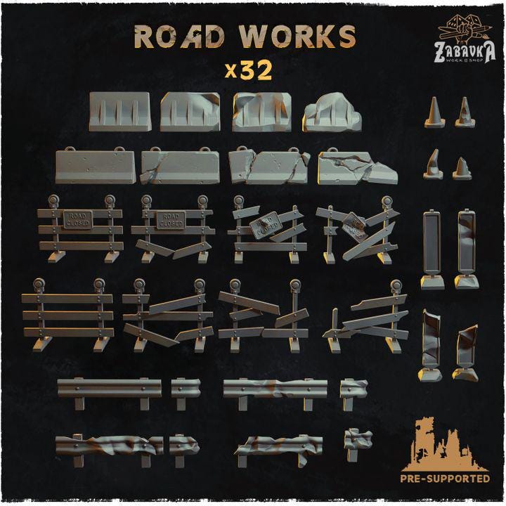 
32pc Road Works (Basing Bits 2.0) 28mm/32mm Scale Dystopian Scatter Terrain Basing Materials Urban Wargaming Scenery Elements City BasingZbW