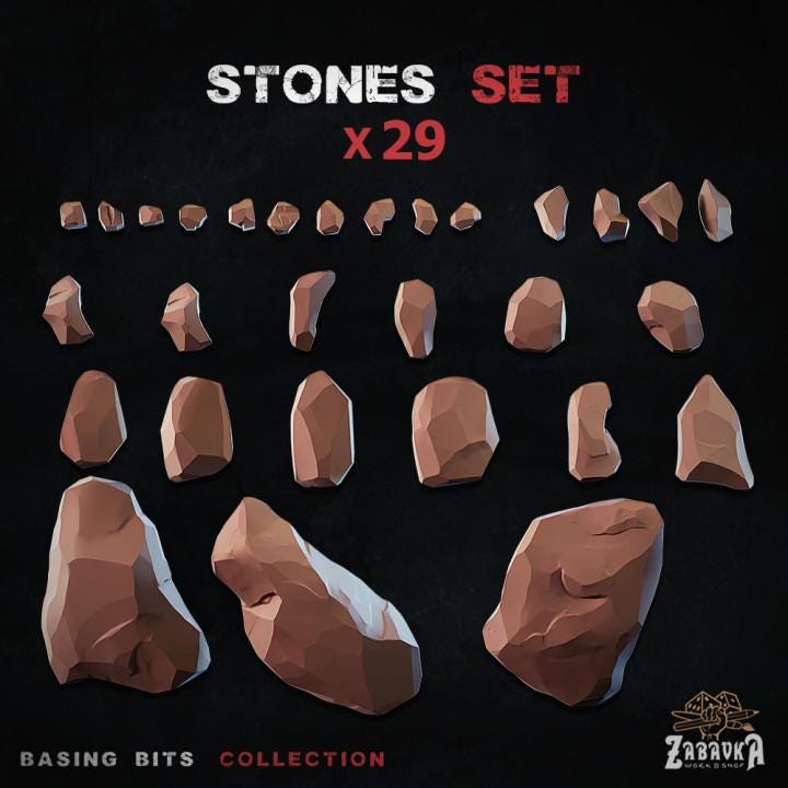 
29pc Stones - Basing Bits 28mm/32mm Fantasy Wargaming TTRPG Basing Materials Natural Geological Stones Scatter Terrain Mountain SceneryZbW