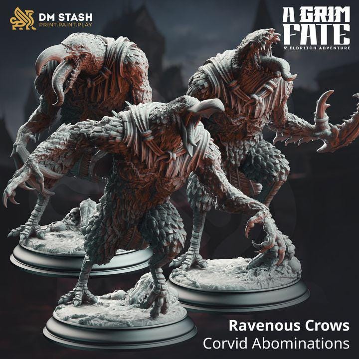 
3pc Eldritch Ravenous Crow Miniatures DnD Dungeons and Dragons 28mm/32mm Bird Figurine DnD Monsters Pathfinder TTRPG Fantasy Monsters Ravens