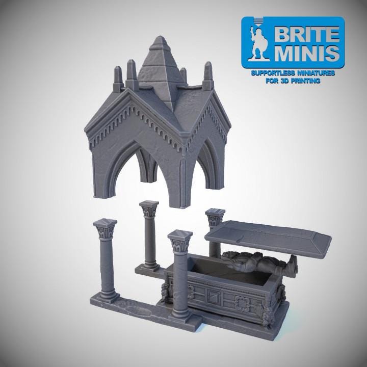 
Modular Tomb Scatter Terrain for Dungeons and Dragons – Gothic Sarcophagus – D&D Terrain – 28mm 32mm TTRPG – Gray PLA, Brite Minis