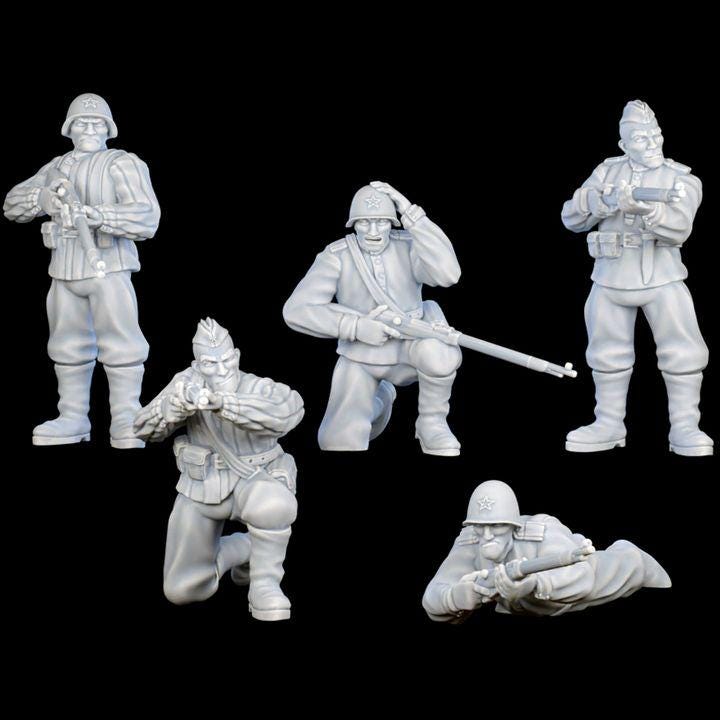 
5pc Riflemen Soldiers WWII for TTRPGs 15mm/25mm/28mm/32mm WW2 Soldiers Soviet Union Russia Army men Wargame Miniature Soldiers